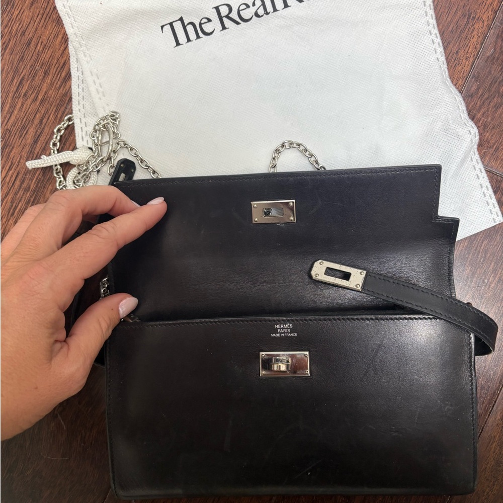 Hermes Black Leather Kelly Longue wallet Bag with Silver Chain
